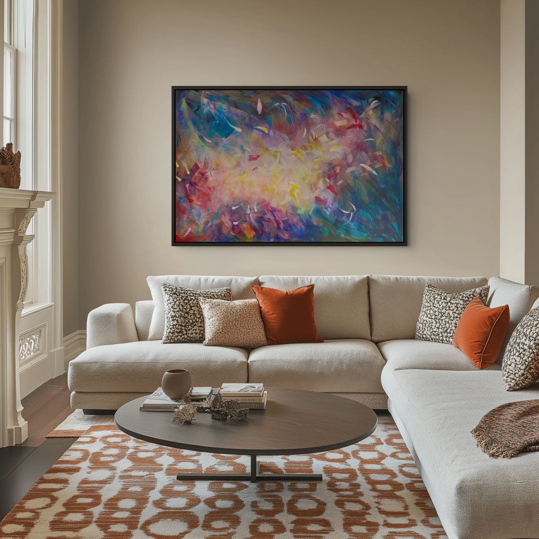 Australian abstract artist Mitch Miller painting ~ 'Continuum' - Exclusively at Curate Art & Design Gallery in Daylesford, Victoria.

An abstract painting with expressive, textured brushstrokes in a central burst of yellow, pink, and white, surrounded by deep blue, purple, and red tones.