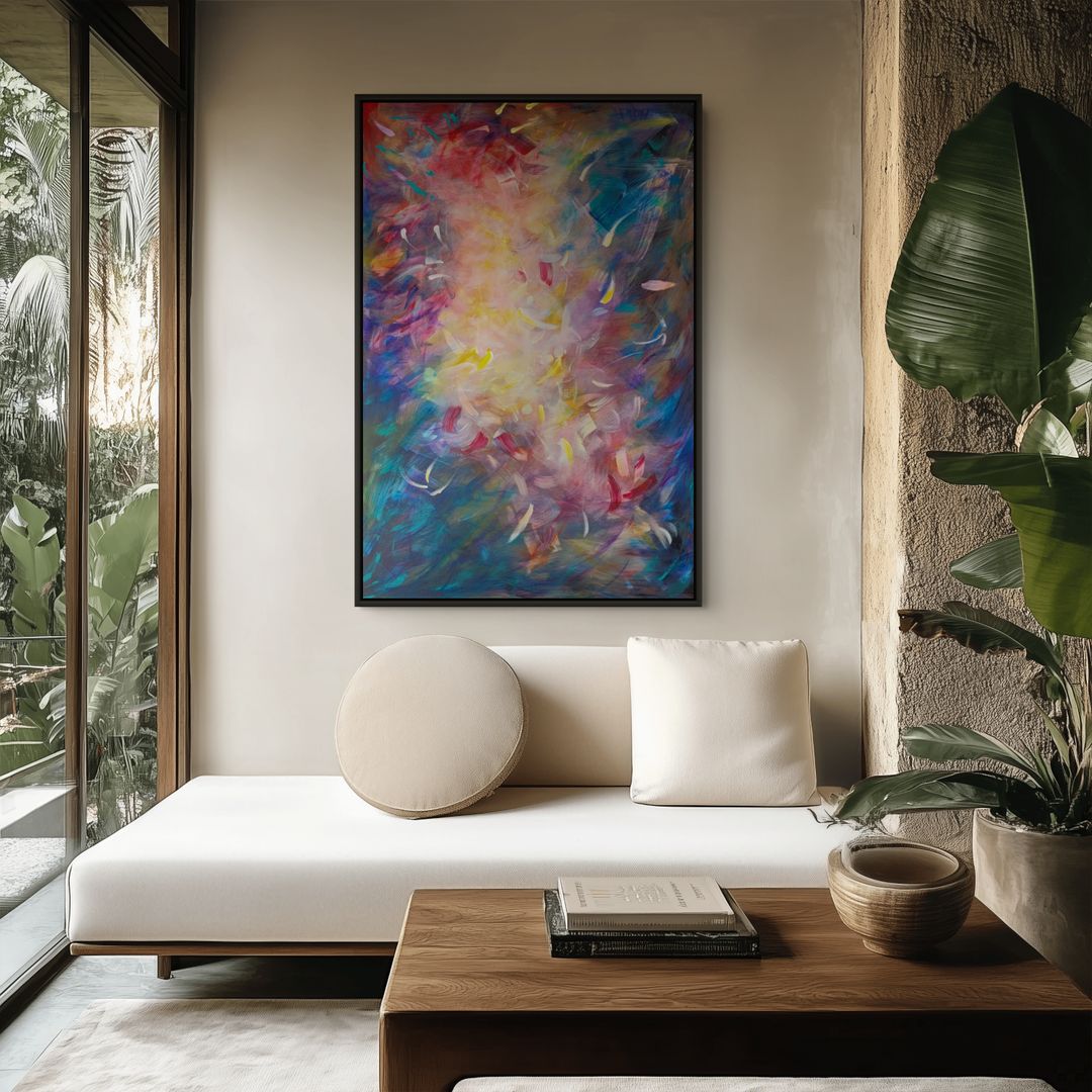 Australian abstract artist Mitch Miller painting ~ 'Continuum' - Exclusively at Curate Art & Design Gallery in Daylesford, Victoria.

An abstract painting with expressive, textured brushstrokes in a central burst of yellow, pink, and white, surrounded by deep blue, purple, and red tones.