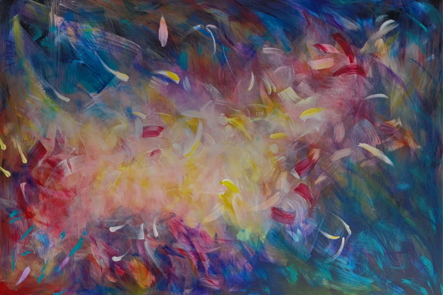 Australian abstract artist Mitch Miller painting ~ 'Continuum' - Exclusively at Curate Art & Design Gallery in Daylesford, Victoria.

An abstract painting with expressive, textured brushstrokes in a central burst of yellow, pink, and white, surrounded by deep blue, purple, and red tones.