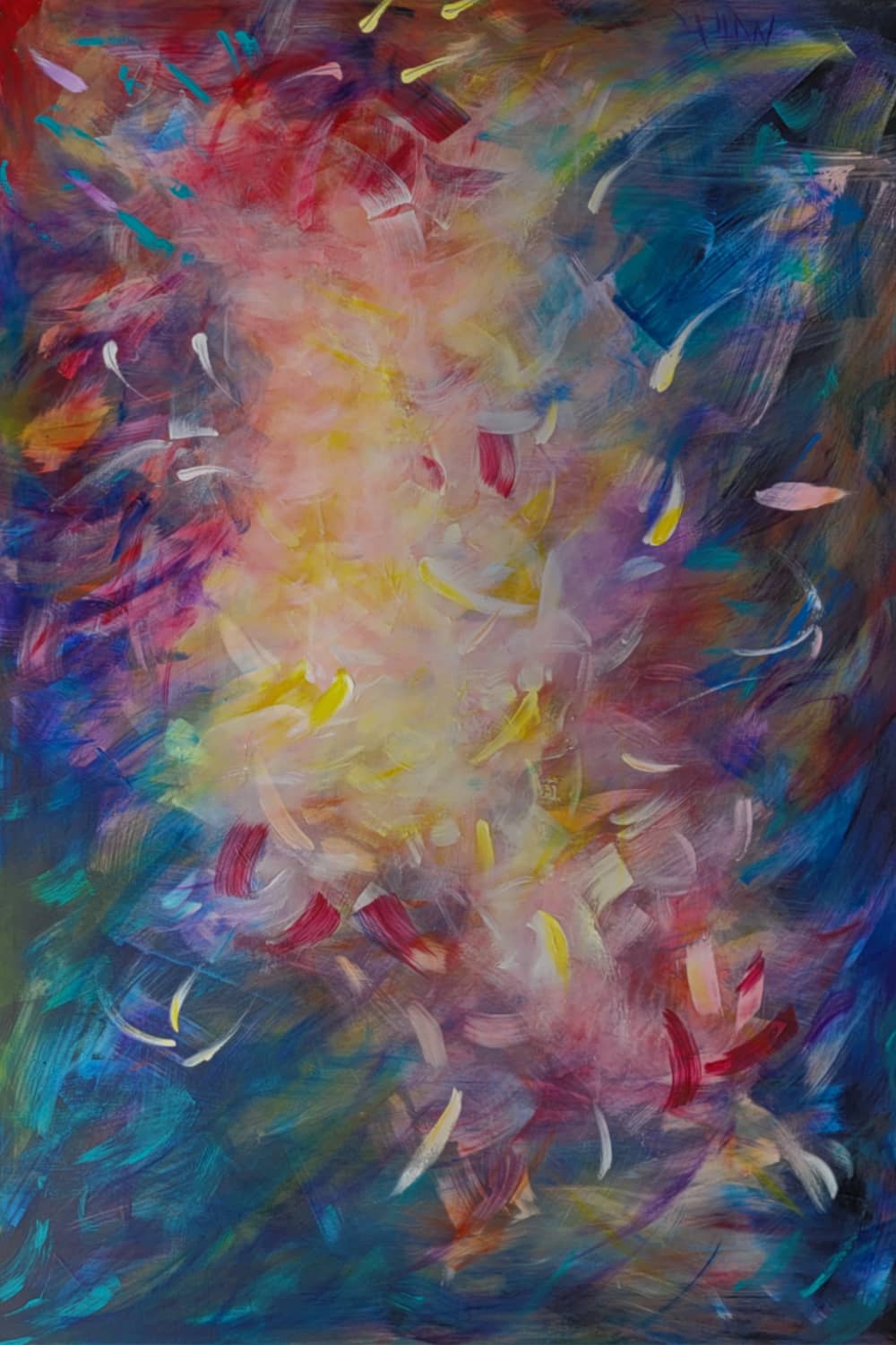 Australian abstract artist Mitch Miller painting ~ 'Continuum' - Exclusively at Curate Art & Design Gallery in Daylesford, Victoria.

An abstract painting with expressive, textured brushstrokes in a central burst of yellow, pink, and white, surrounded by deep blue, purple, and red tones.