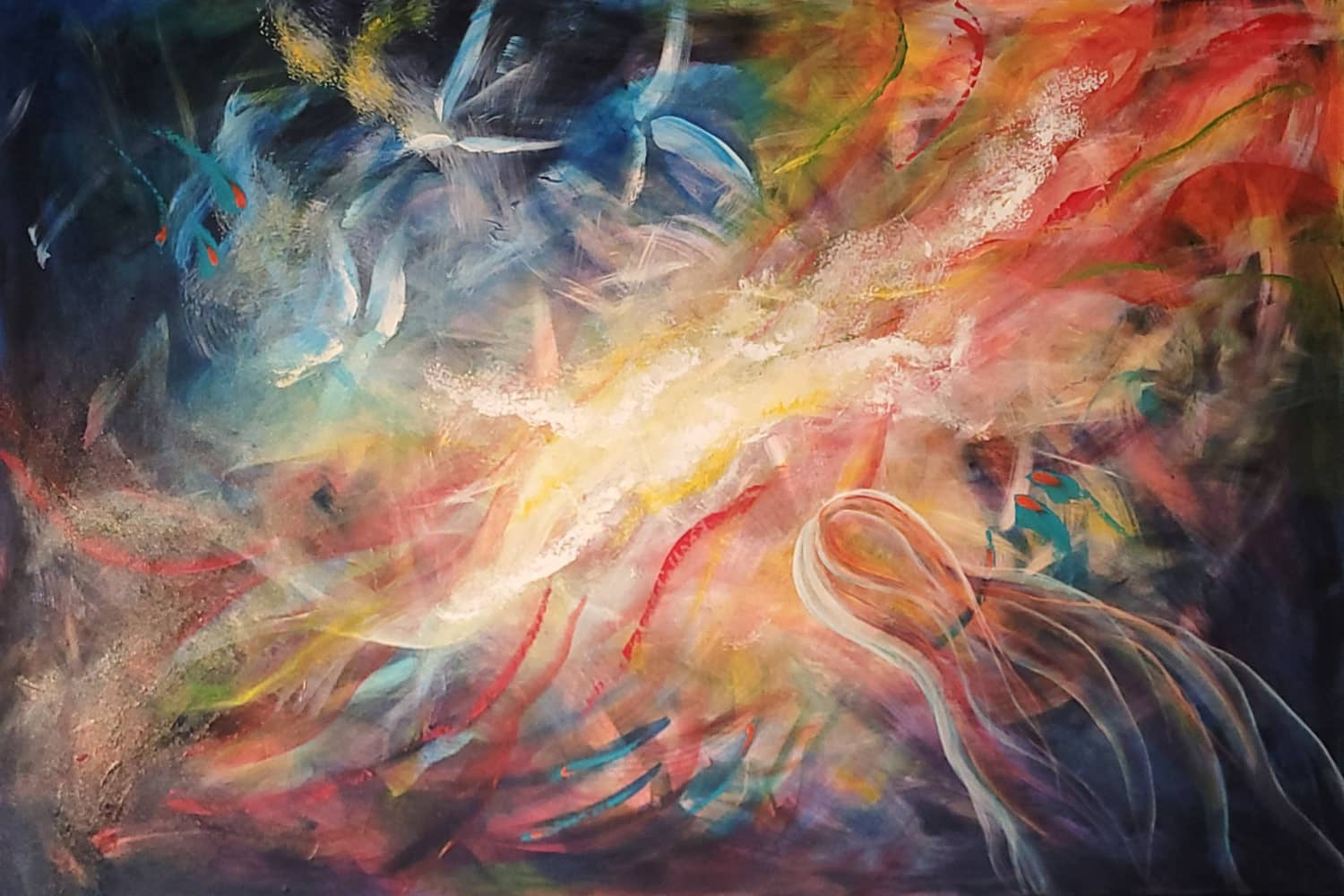 Australian abstract artist Mitch Miller painting ~ 'Currents of Change' - Exclusively at Curate Art & Design Gallery in Daylesford, Victoria.

An abstract painting with expressive, energetic brushstrokes and flowing lines in a wide spectrum of colors including red, orange, yellow, blue, white, and dark navy/black tones.
