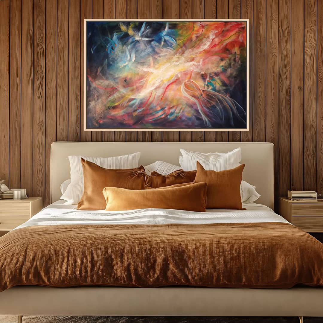 Australian abstract artist Mitch Miller painting ~ 'Currents of Change' - Exclusively at Curate Art & Design Gallery in Daylesford, Victoria.

An abstract painting with expressive, energetic brushstrokes and flowing lines in a wide spectrum of colors including red, orange, yellow, blue, white, and dark navy/black tones.