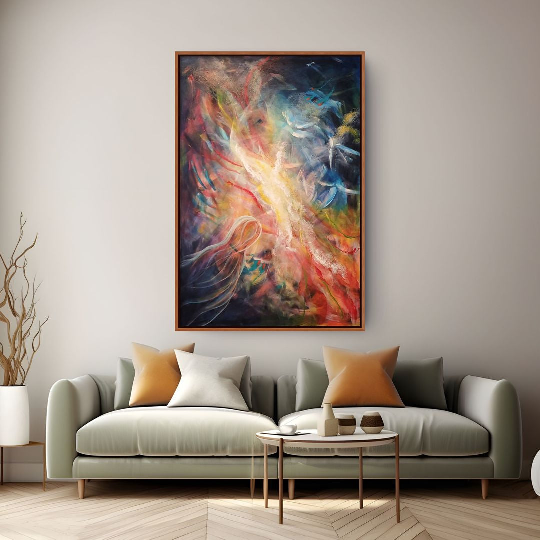 Australian abstract artist Mitch Miller painting ~ 'Currents of Change' - Exclusively at Curate Art & Design Gallery in Daylesford, Victoria.

An abstract painting with expressive, energetic brushstrokes and flowing lines in a wide spectrum of colors including red, orange, yellow, blue, white, and dark navy/black tones.