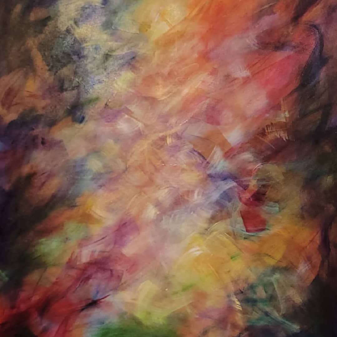 Australian abstract artist Mitch Miller painting ~ 'Rainbow Dreaming' - Exclusively at Curate Art & Design Gallery in Daylesford, Victoria.

An abstract painting featuring a vibrant, textured composition of swirling brushstrokes in orange, yellow, red, purple, green, and dark blue tones.