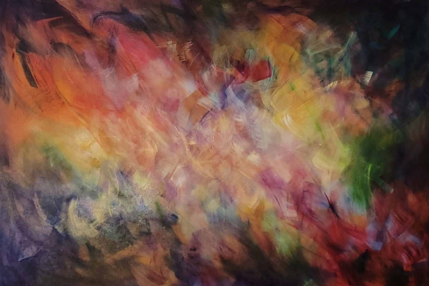 Australian abstract artist Mitch Miller painting ~ 'Rainbow Dreaming' - Exclusively at Curate Art & Design Gallery in Daylesford, Victoria.

An abstract painting featuring a vibrant, textured composition of swirling brushstrokes in orange, yellow, red, purple, green, and dark blue tones.