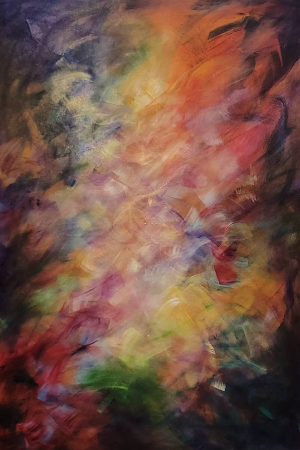 Australian abstract artist Mitch Miller painting ~ 'Rainbow Dreaming' - Exclusively at Curate Art & Design Gallery in Daylesford, Victoria.

An abstract painting featuring a vibrant, textured composition of swirling brushstrokes in orange, yellow, red, purple, green, and dark blue tones.
