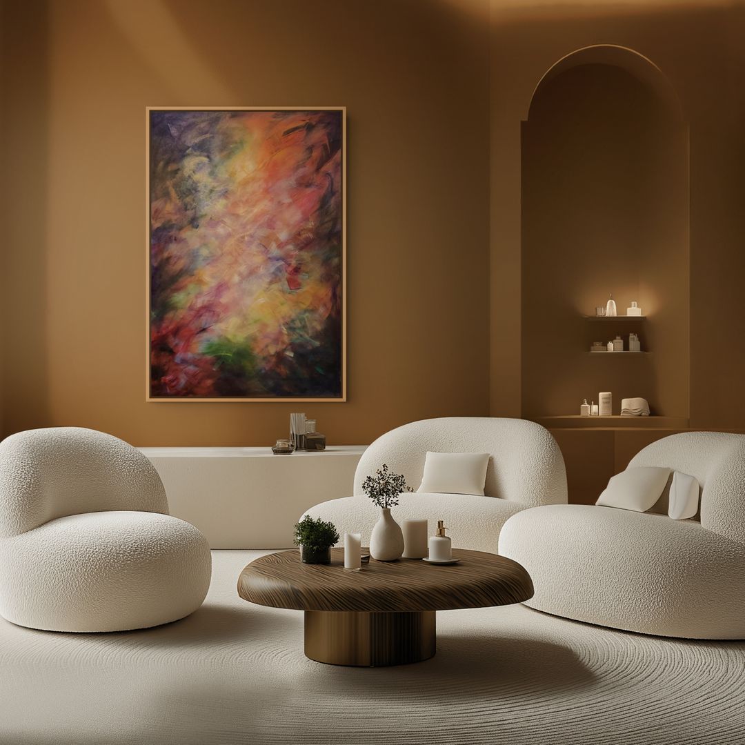 Australian abstract artist Mitch Miller painting ~ 'Rainbow Dreaming' - Exclusively at Curate Art & Design Gallery in Daylesford, Victoria.

An abstract painting featuring a vibrant, textured composition of swirling brushstrokes in orange, yellow, red, purple, green, and dark blue tones.