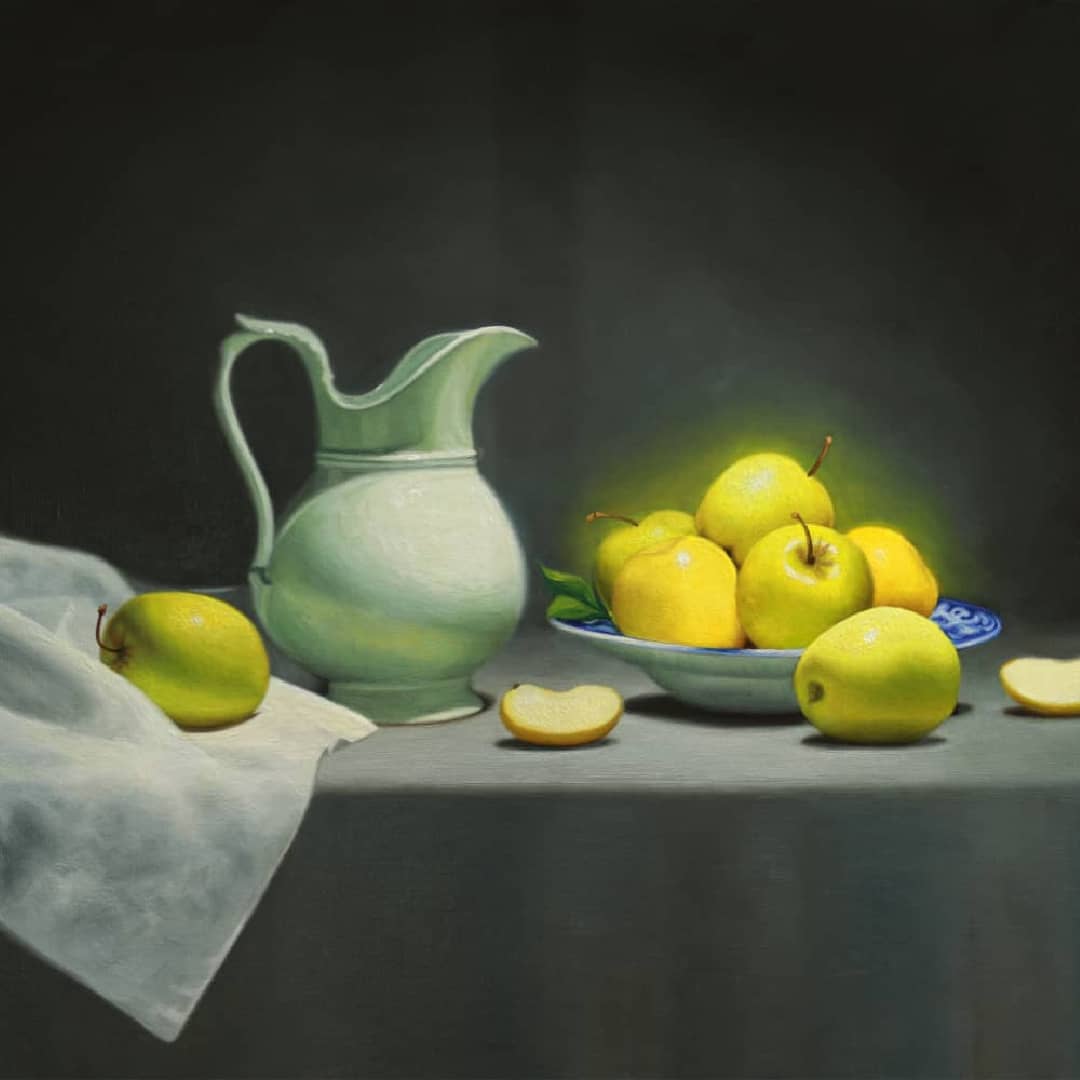 Vicki Sullivan Painting ~ 'Antique French Jug with Green Apples' - Curate Art & Design Gallery Sorrento Mornington Peninsula Melbourne