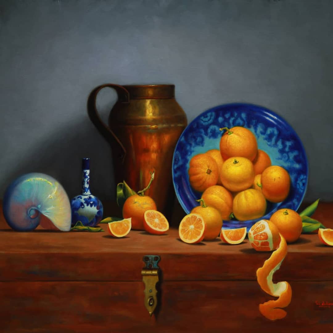 Vicki Sullivan Painting ~ 'Oranges with French Copper Jug' - Curate Art & Design Gallery Sorrento Mornington Peninsula Melbourne