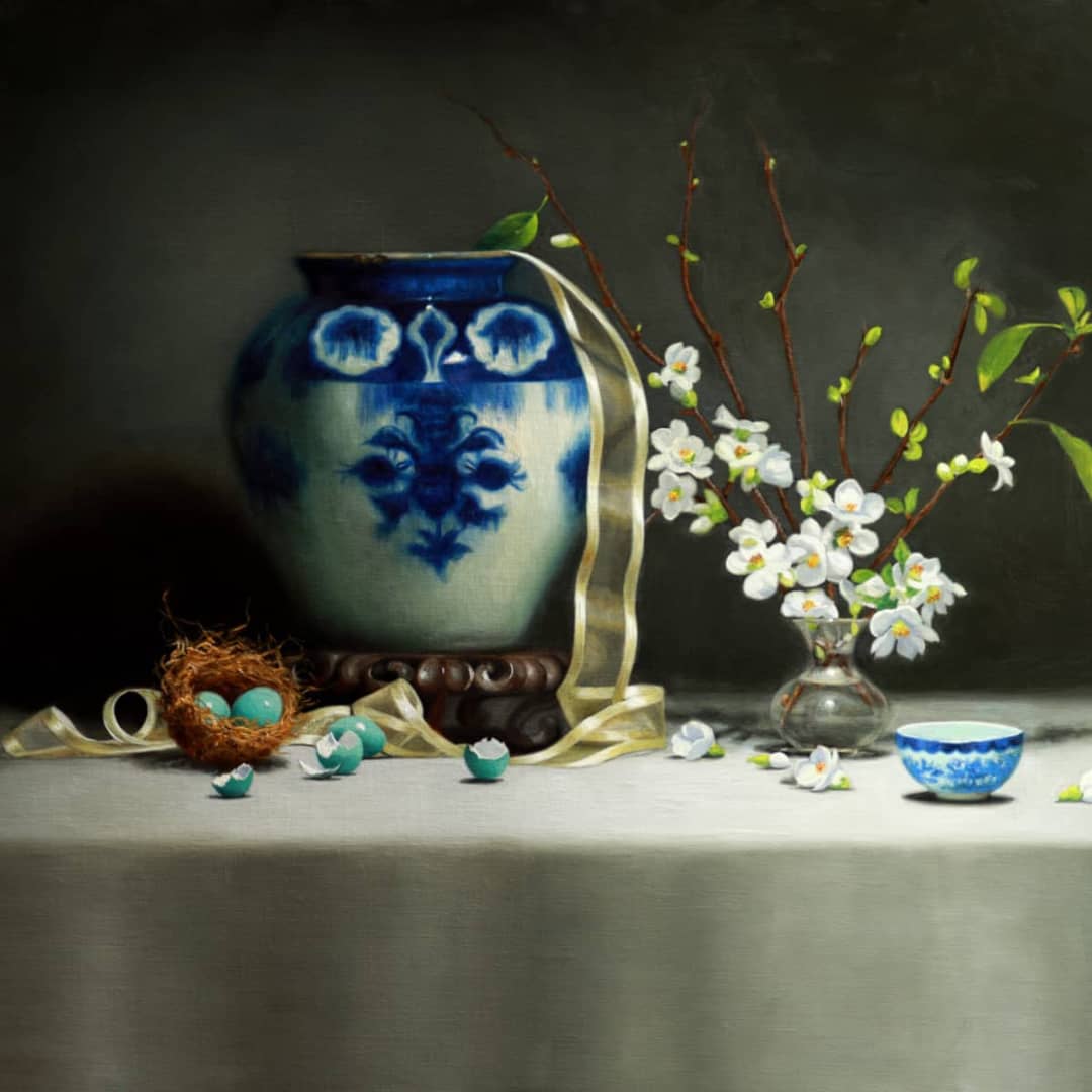 Vicki Sullivan Painting ~ 'Persian Vase with Japonica and Nest' - Curate Art & Design Gallery Sorrento Mornington Peninsula Melbourne