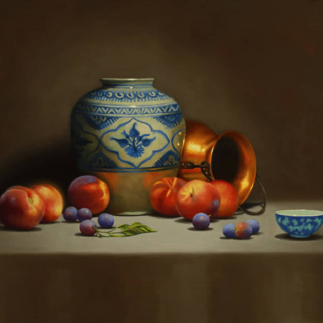 Australian Artist Vicki Sullivan Painting ~ 'Persian Vase with Peaches and Damsons' - Curate Art & Design Gallery Sorrento Mornington Peninsula Melbourne
