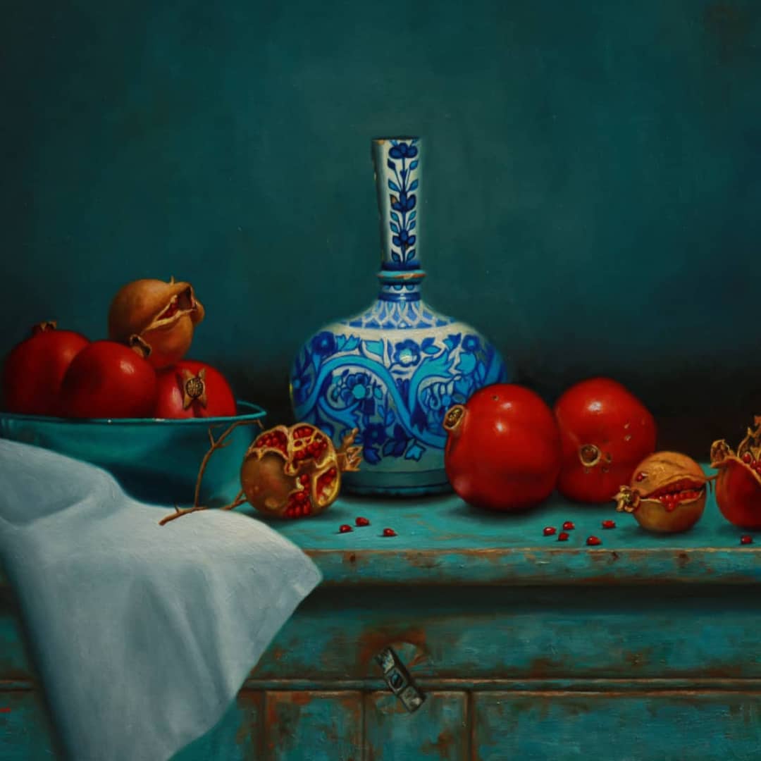 Vicki Sullivan Painting ~ 'Pomegranates with Genie Bottle' - Curate Art & Design Gallery Sorrento Mornington Peninsula Melbourne