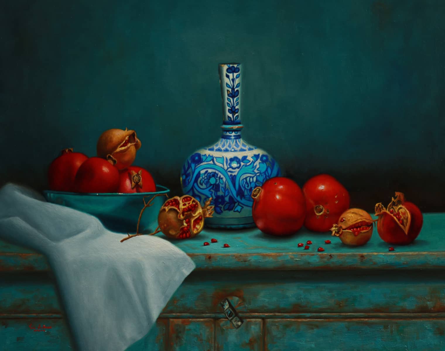 Vicki Sullivan Painting ~ 'Pomegranates with Genie Bottle' - Curate Art & Design Gallery Sorrento Mornington Peninsula Melbourne