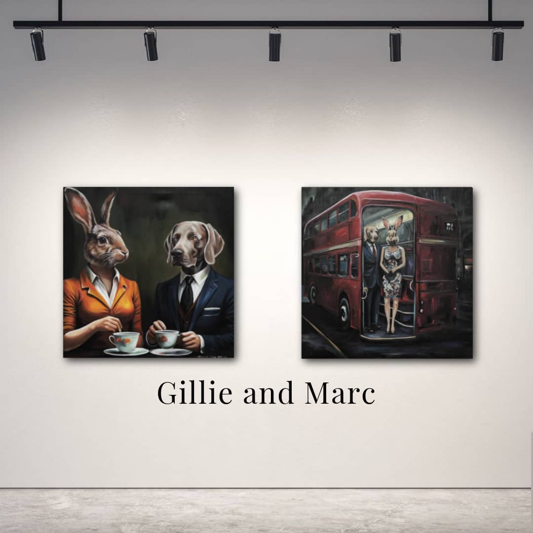 Gillie and Marc original painting ~ 'Tea for Two' @ Curate Art & Design in Daylesford, Gillie and Marc's premier representatives in Victoria.
Artistic depiction of a rabbit and a dog in formal attire with tea cups.