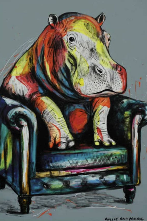 Gillie and Marc original painting ~ 'He Was a Happy Hippo' @ Curate Art & Design, Gillie and Marc's premier gallery in Victoria.

A colorful painted artwork of a hippopotamus sitting in an armchair, with expressive brushstrokes in red, yellow, blue, green, black, and white on a gray background. The signature 'GILLIE AND MARC' appears at the bottom right.