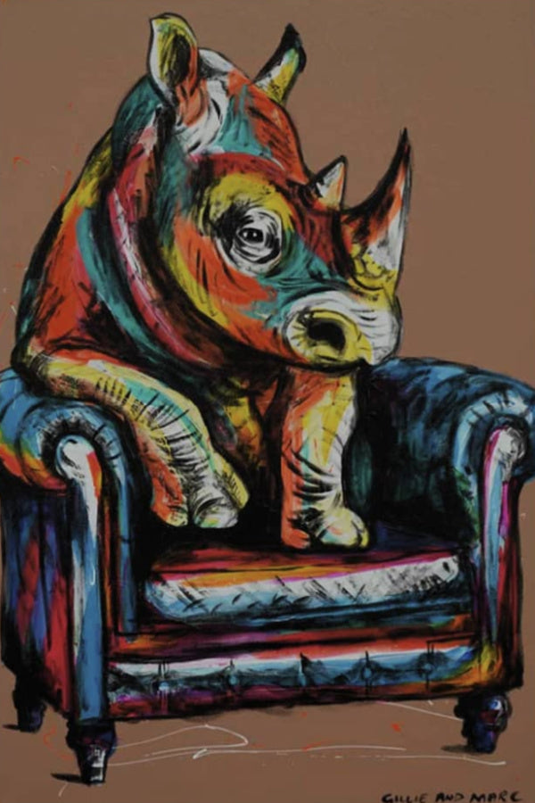 Gillie and Marc original painting ~ 'He Was a Happy Rhino' @ Curate Art & Design in Daylesford, Gillie and Marc's premier gallery in Victoria, Australia.

A colorful painted illustration of a rhinoceros sitting in a tufted armchair against a brown background.