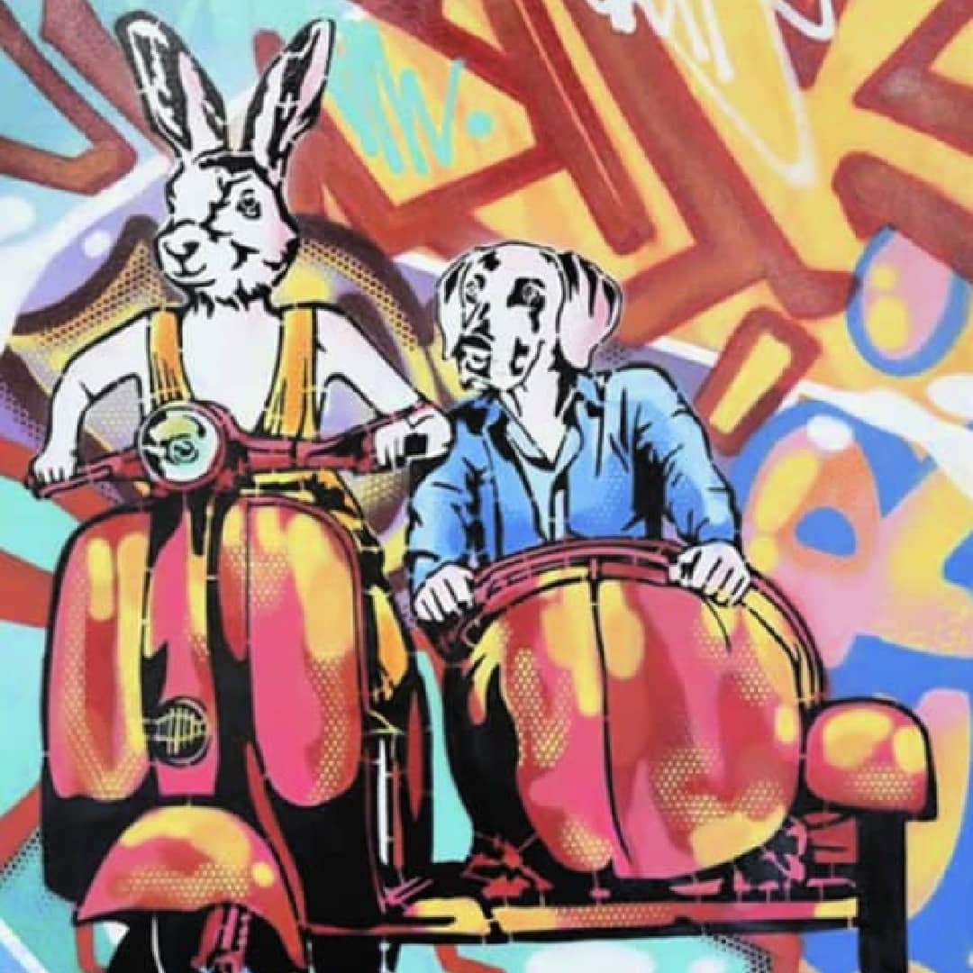 Gillie and Marc original painting ~ 'Just the Two of Us' @ Curate Art & Design in Daylesford, Gillie and Marc's premier gallery in Victoria, Australia.

Vibrant pop-art style illustration of a Rabbitwoman on a pink and yellow scooter with a Dogman in a sidecar, set against a colorful graffiti background.