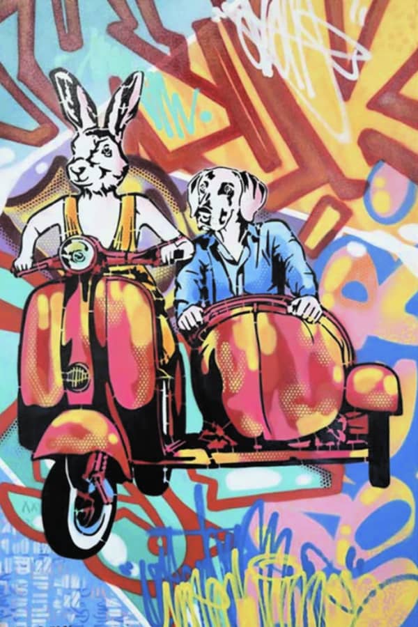 Gillie and Marc original painting ~ 'Just the Two of Us' @ Curate Art & Design in Daylesford, Gillie and Marc's premier gallery in Victoria, Australia.

Vibrant pop-art style illustration of a Rabbitwoman on a pink and yellow scooter with a Dogman in a sidecar, set against a colorful graffiti background.