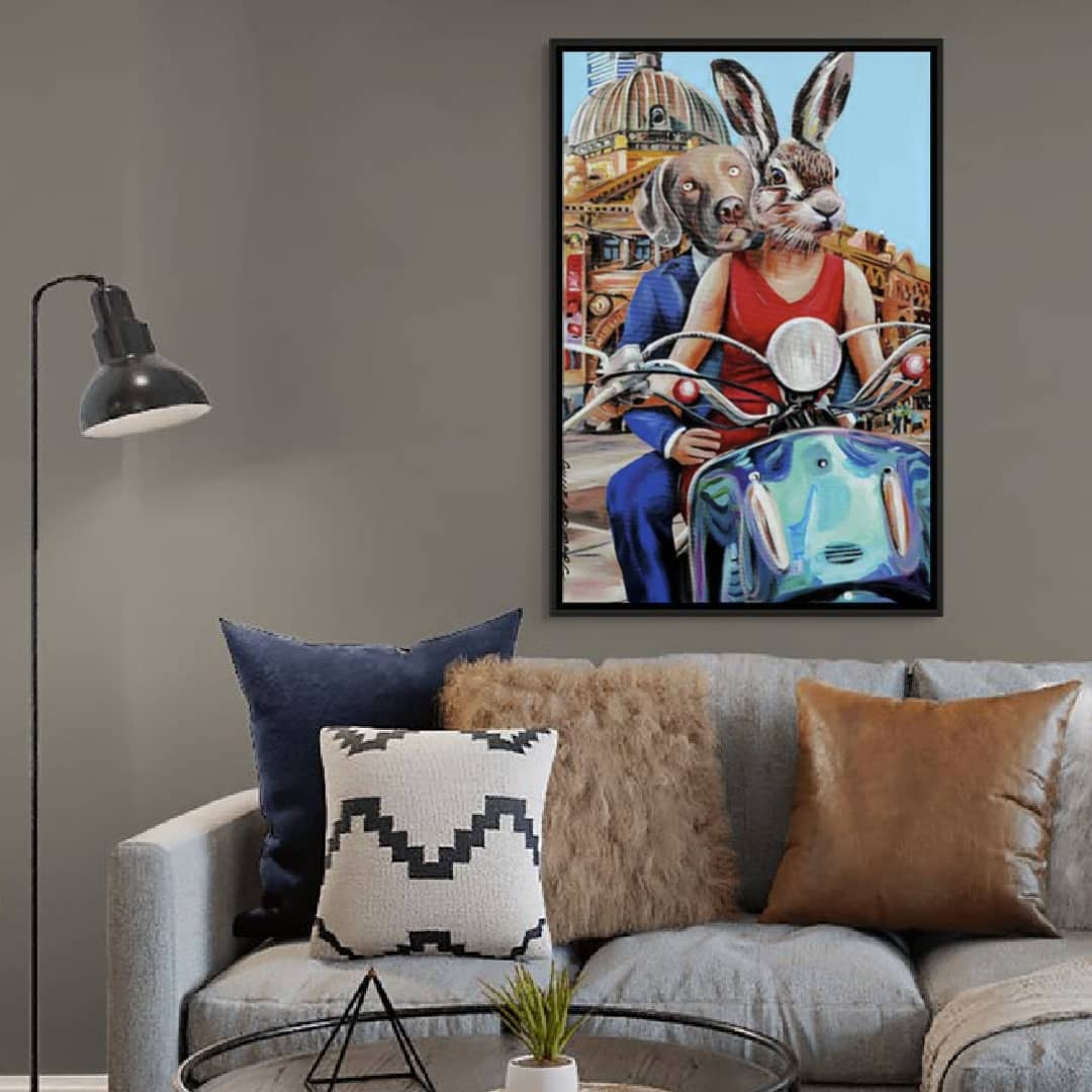 Gillie and Marc original painting ~ 'Melbourne is My Town' @ Curate Art & Design in Daylesford, Gillie and Marc's premier representatives in Victoria.
Two animals, a dog and a rabbit, sitting on a motorcycle with a cityscape background.