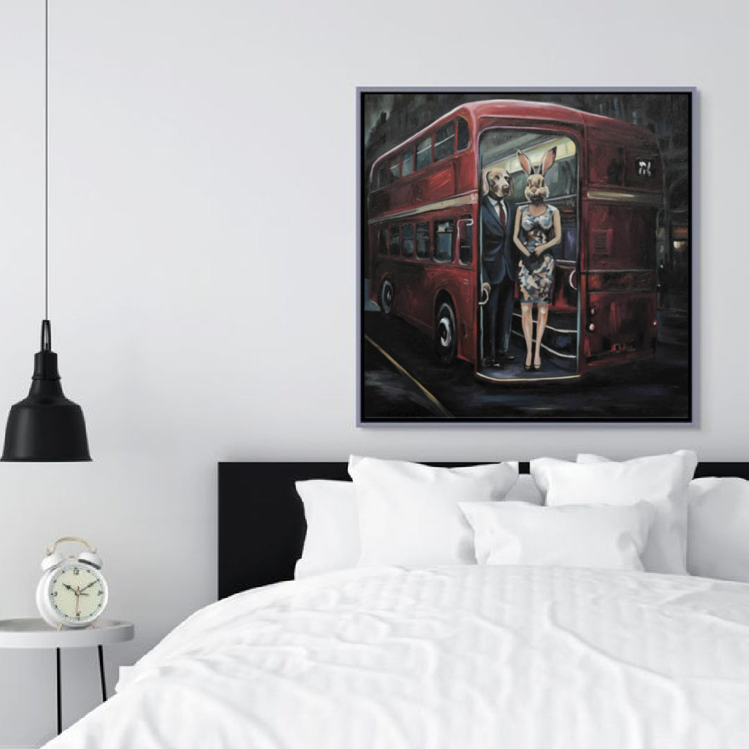 Gillie and Marc original painting ~ 'Next Stop Was Forever' @ Curate Art & Design in Daylesford, Gillie and Marc's premier representatives in Victoria.
Artistic depiction of a man and woman with animal heads on a red double-decker bus at night.