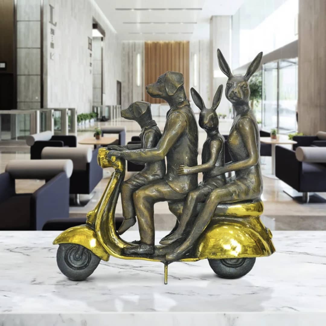 Gillie and Marc Sculpture ~ 'The Golden Family Vespa Riders' - Curate Art & Design in Daylesford, Gillie and Marc's premier gallery in Victoria, Australia.