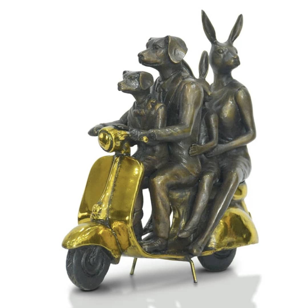 Gillie and Marc Sculpture ~ 'The Golden Family Vespa Riders' - Curate Art & Design in Daylesford, Gillie and Marc's premier gallery in Victoria, Australia.
