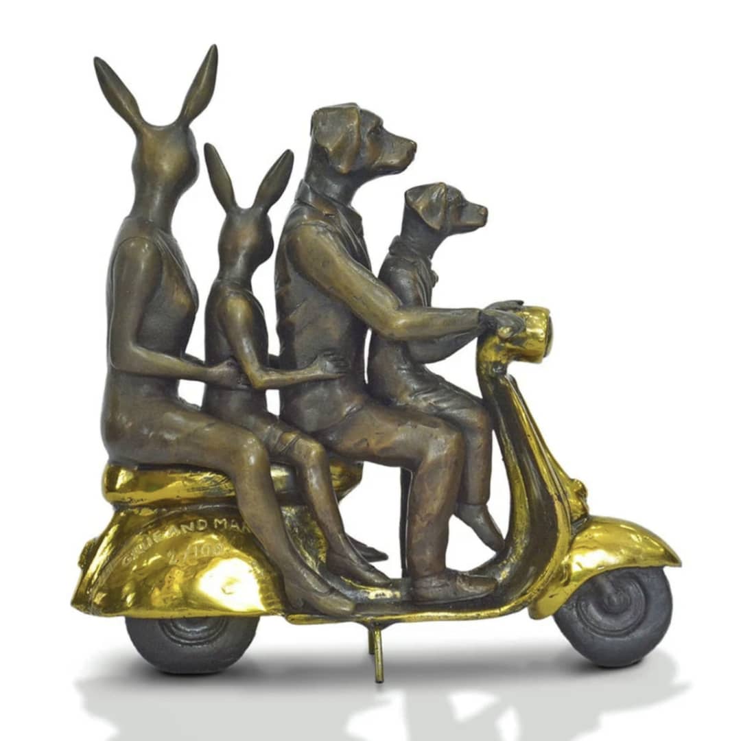 Gillie and Marc Sculpture ~ 'The Golden Family Vespa Riders' - Curate Art & Design in Daylesford, Gillie and Marc's premier gallery in Victoria, Australia.