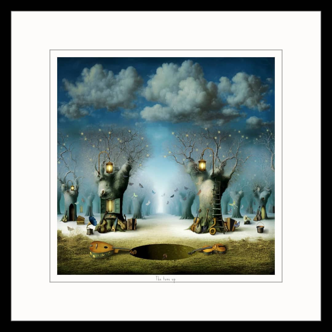 Maggie Taylor Art ~ 'The Tune Up' - Available in Australia exclusively @ Curate Art & Design in Daylesford.
Framed artwork of a surreal landscape with trees, figures, and musical instruments under a starry sky.