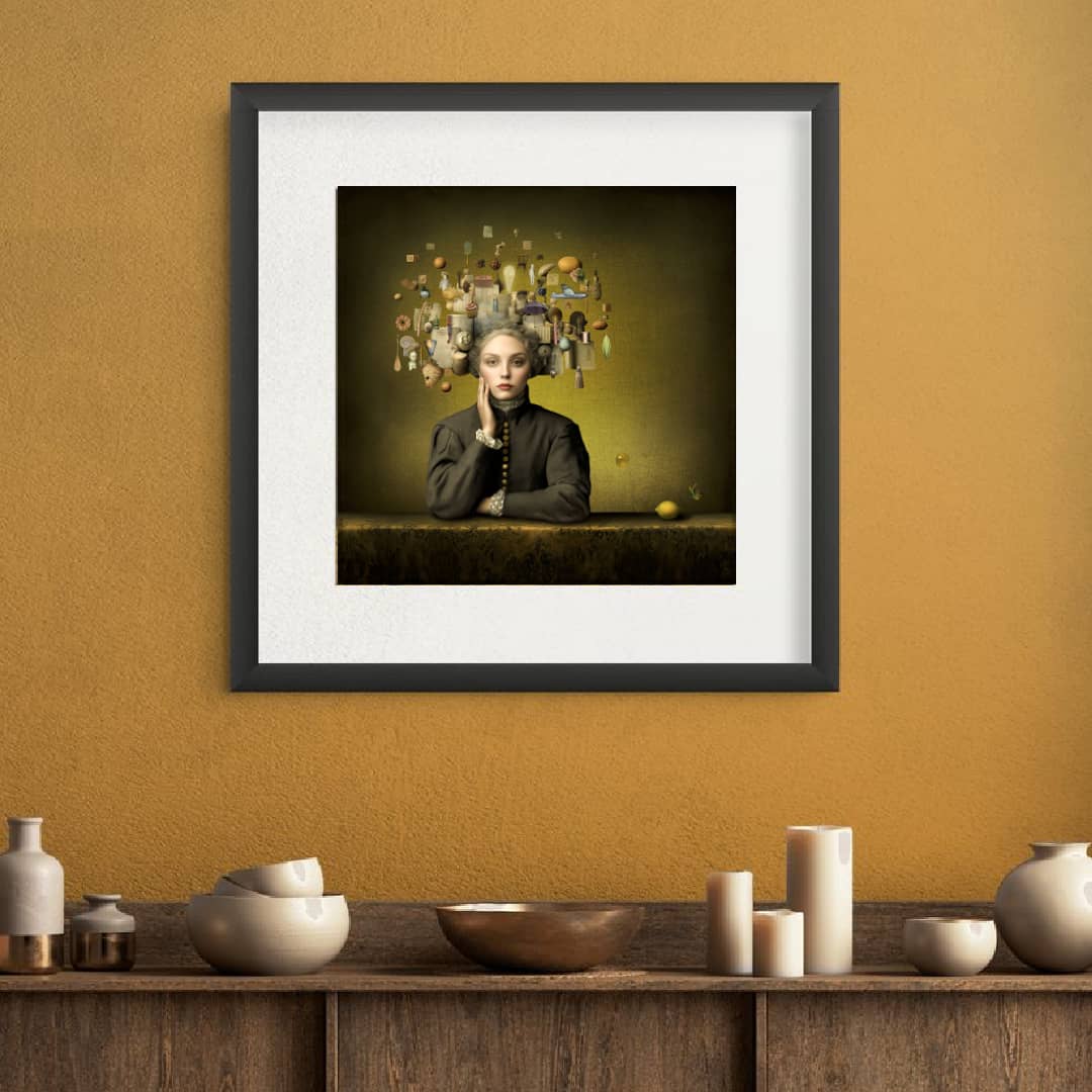 Maggie Taylor Art ~ 'Typical Tuesday' 22" (Framed) - Available in Australia @ Curate Art & Design in Daylesford. Free delivery to Melbourne.

A surreal portrait of a woman in a dark brown dress sitting at a table against a textured olive-green background, with a floating collage of everyday objects and small figures emerging from her head. A yellow fruit rests on the table to her right.