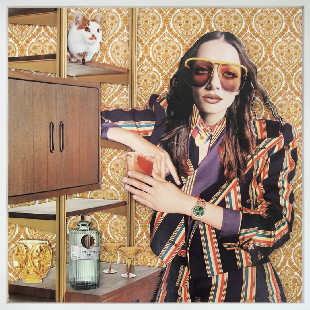 Martha Lord (VIC) Artwork ~ 'Cocktails Anyone' @ Curate Art & Design, a must-visit art gallery in Daylesford, Victoria.
Person in a colorful suit holding a drink in a retro-style room with patterned wallpaper.