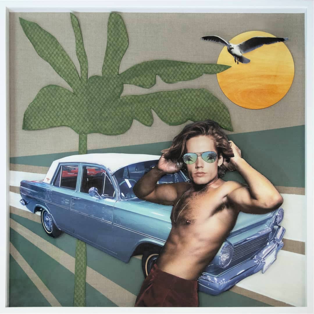 Martha Lord Art ~ 'Dreamer' @ Curate Art & Design, a must-visit art gallery in Daylesford (formerly Sorrento), Victoria.
Man with sunglasses leaning against a vintage car with a tropical background