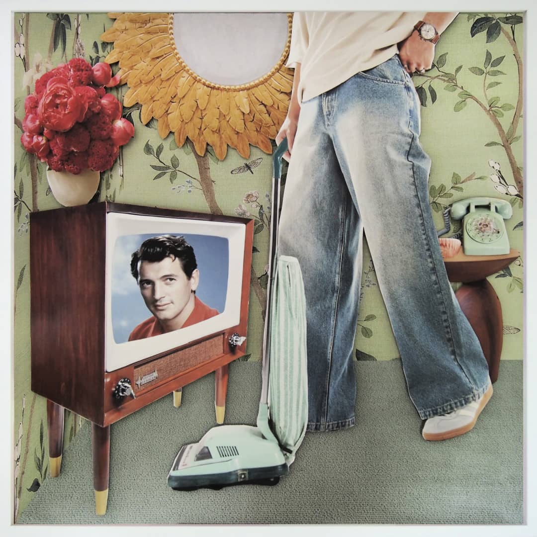 Martha Lord (VIC) Artwork~ 'Getting Ready for the Midday Matinee' @ Curate Art & Design, a must-visit art gallery in Daylesford (formerly Sorrento), Victoria.
Person in wide-leg jeans standing next to a vintage television set with a man's face on the screen, in a room with floral wallpaper.