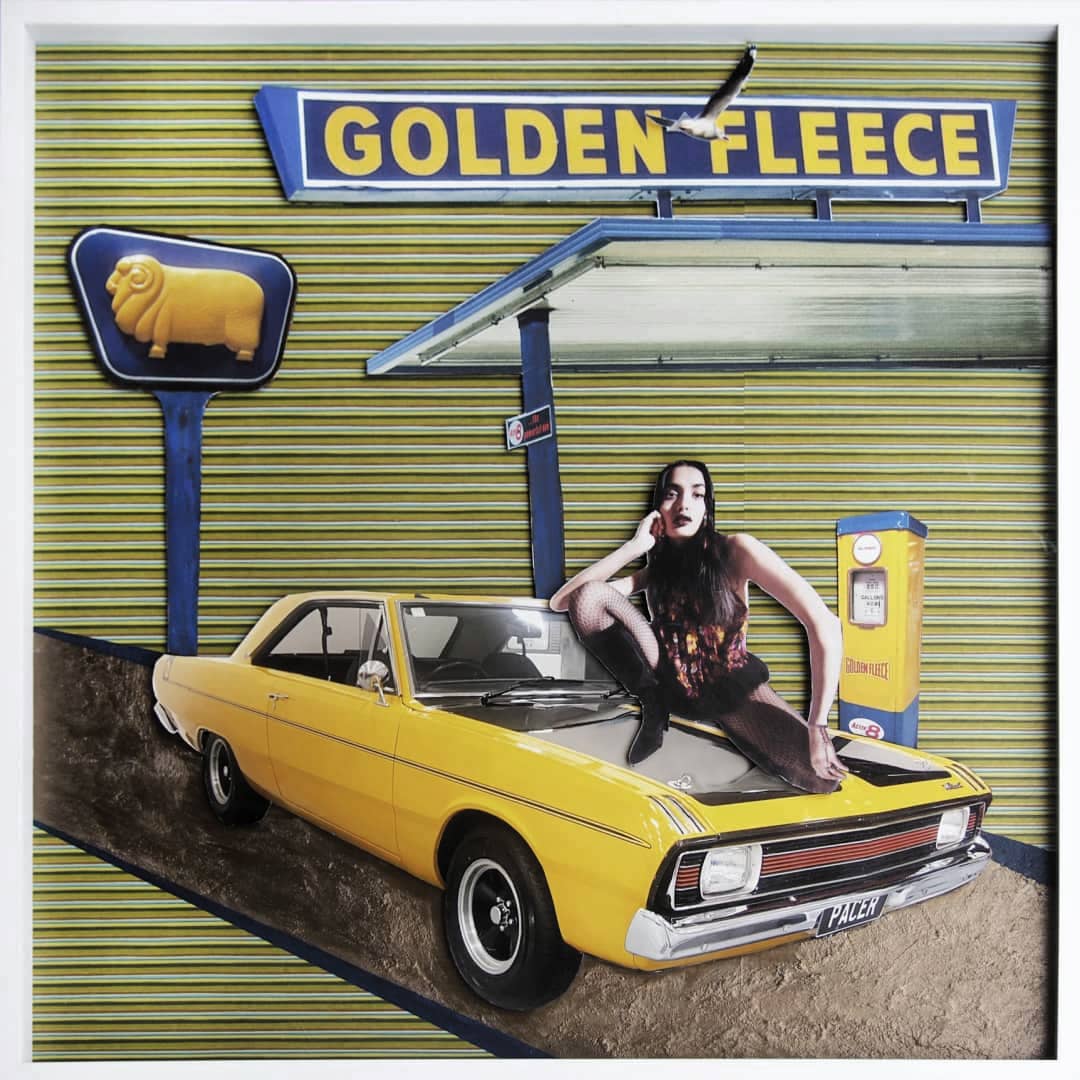Martha Lord Art ~ 'Golden Fleece' @ Curate Art & Design, a must-visit art gallery in Daylesford (formerly Sorrento), Victoria.
Vintage yellow car parked in front of a building with 'Golden Fleece' sign.