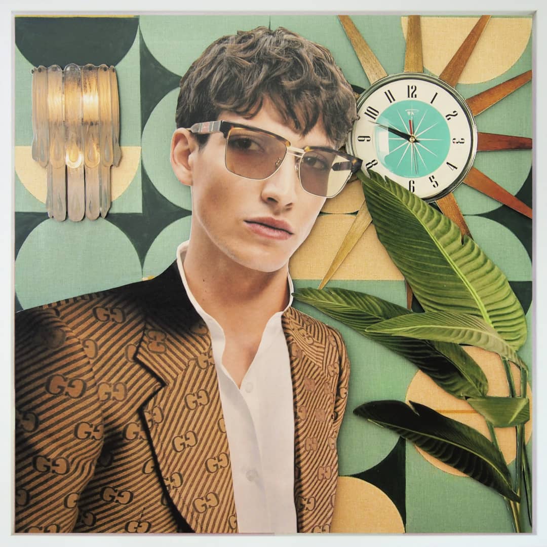 Martha Lord (VIC) Artwork~ 'Gucci Time' @ Curate Art & Design, a must-visit art gallery in Daylesford (formerly Sorrento), Victoria.
Person wearing sunglasses with a decorative wall, clock, and plant in the background