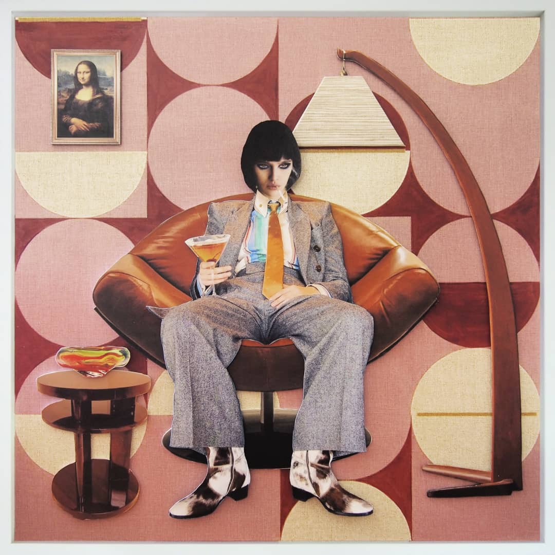 Martha Lord (VIC) Artwork ~ 'Mona Lisa' @ Curate Art & Design, a must-visit art gallery in Daylesford (formerly Sorrento), Victoria.
Person in a suit sitting in a chair with a patterned wall and lamp in the background