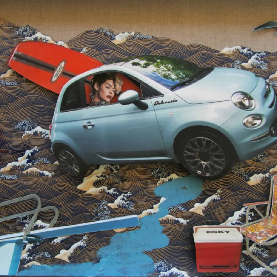 Martha Lord Art ~ 'Who Gives a Flying Fiat - Dolce Vita' is for sale at Curate Art & Design Gallery in Sorrento, 90 mins from Melbourne on the Mornington Peninsula.