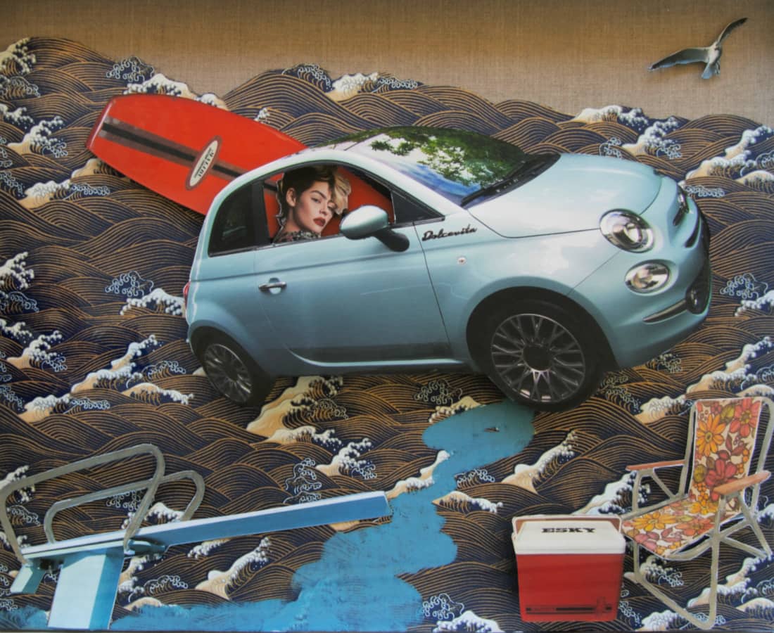 Martha Lord Art ~ 'Who Gives a Flying Fiat - Dolce Vita' is for sale at Curate Art & Design Gallery in Sorrento, 90 mins from Melbourne on the Mornington Peninsula.