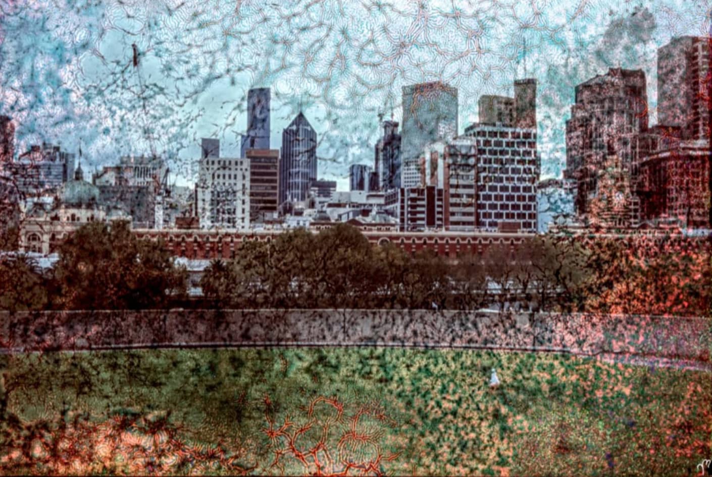 Matteo Volpi Photography Art ~ 'Federation Station' - Available in Australia @ Curate Art & Design, a must-visit art Gallery in Daylesford, Victoria.
City skyline with buildings and greenery, possibly a park or riverfront, with a textured overlay.