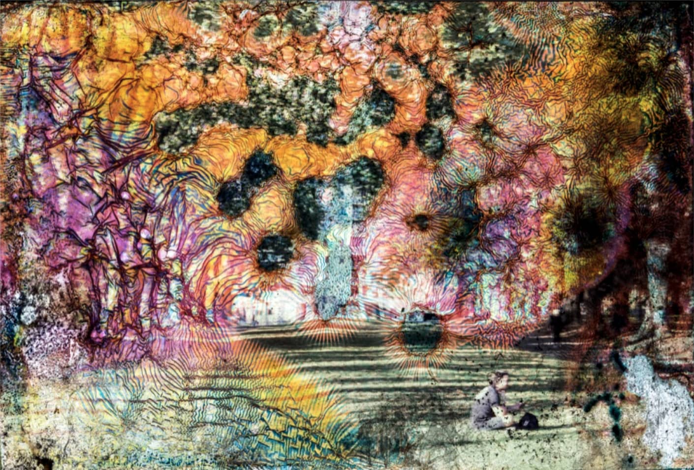 Matteo Volpi Photography Art ~ 'Relax Garden' - Available in Australia @ Curate Art & Design, a must-visit art gallery in Daylesford, Victoria.
Abstract artwork with vibrant colors and a person sitting on a rock.