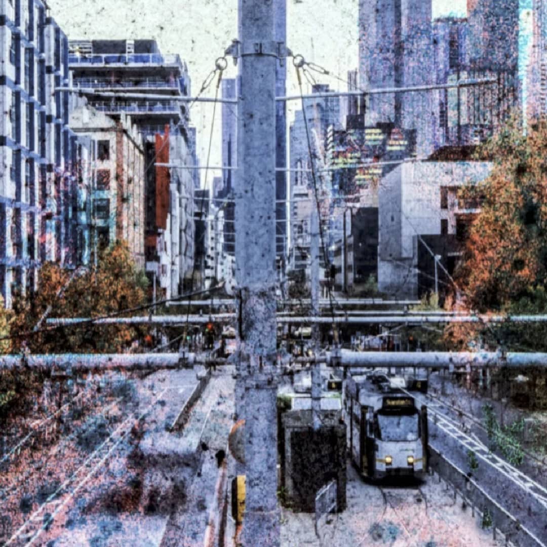 Matteo Volpi Photography Art ~ 'Swanston Bridge' - Available in Australia @ Curate Art & Design, a must-visit art gallery in Daylesford, Victoria.
Cityscape with modern buildings and a tram on tracks