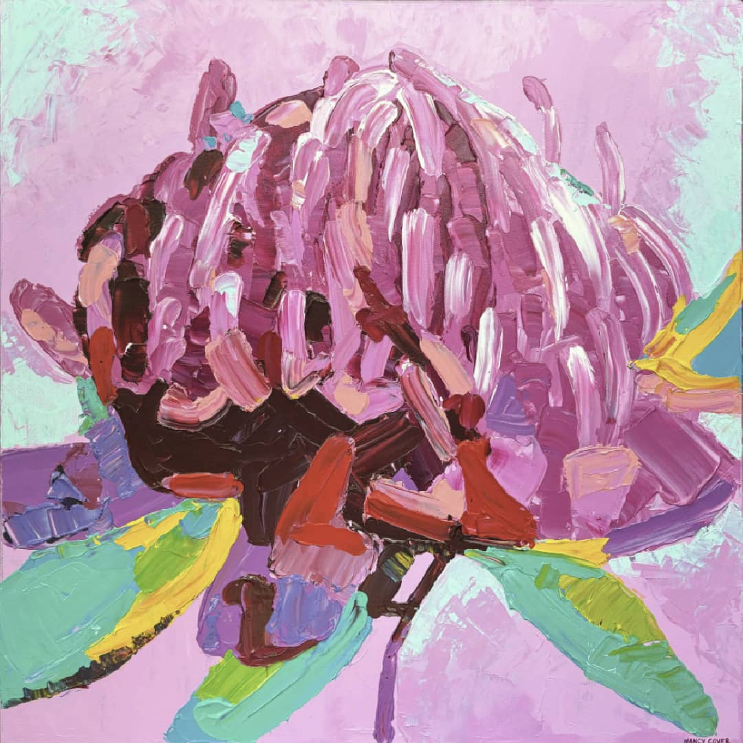 Nancy Cover original painting ~ 'Crimson Crown' @ Curate Art & Design, must-visit art gallery in Daylesford, Victoria.
Abstract painting with vibrant colors on a pink background