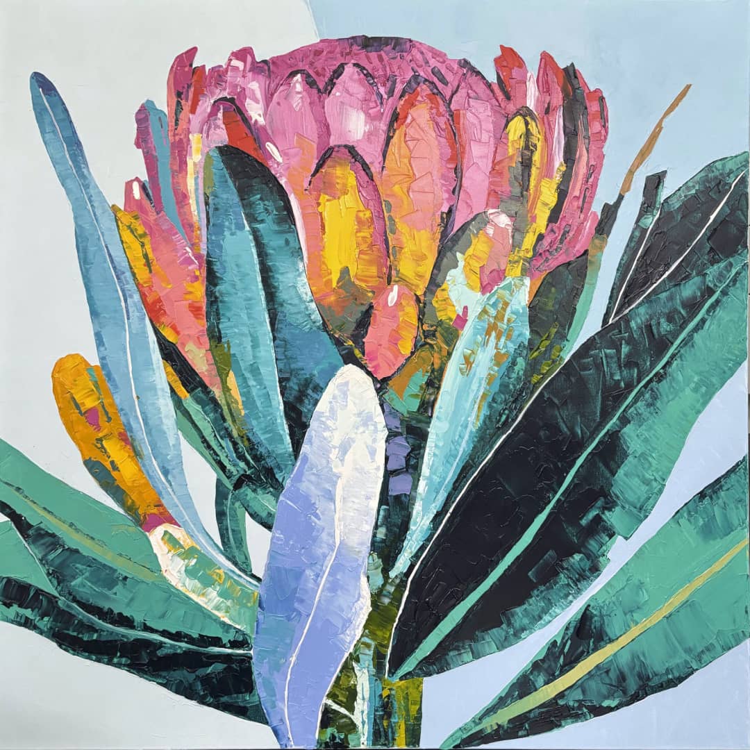 Nancy Cover original painting ~ 'Hiielo Rosa' @ Curate Art & Design, a must-visit art gallery in Daylesford, Victoria. Free delivery Melbourne metro.

An expressive, textured painting of a protea flower with pink and yellow petals and large green-blue leaves on a pale blue background.