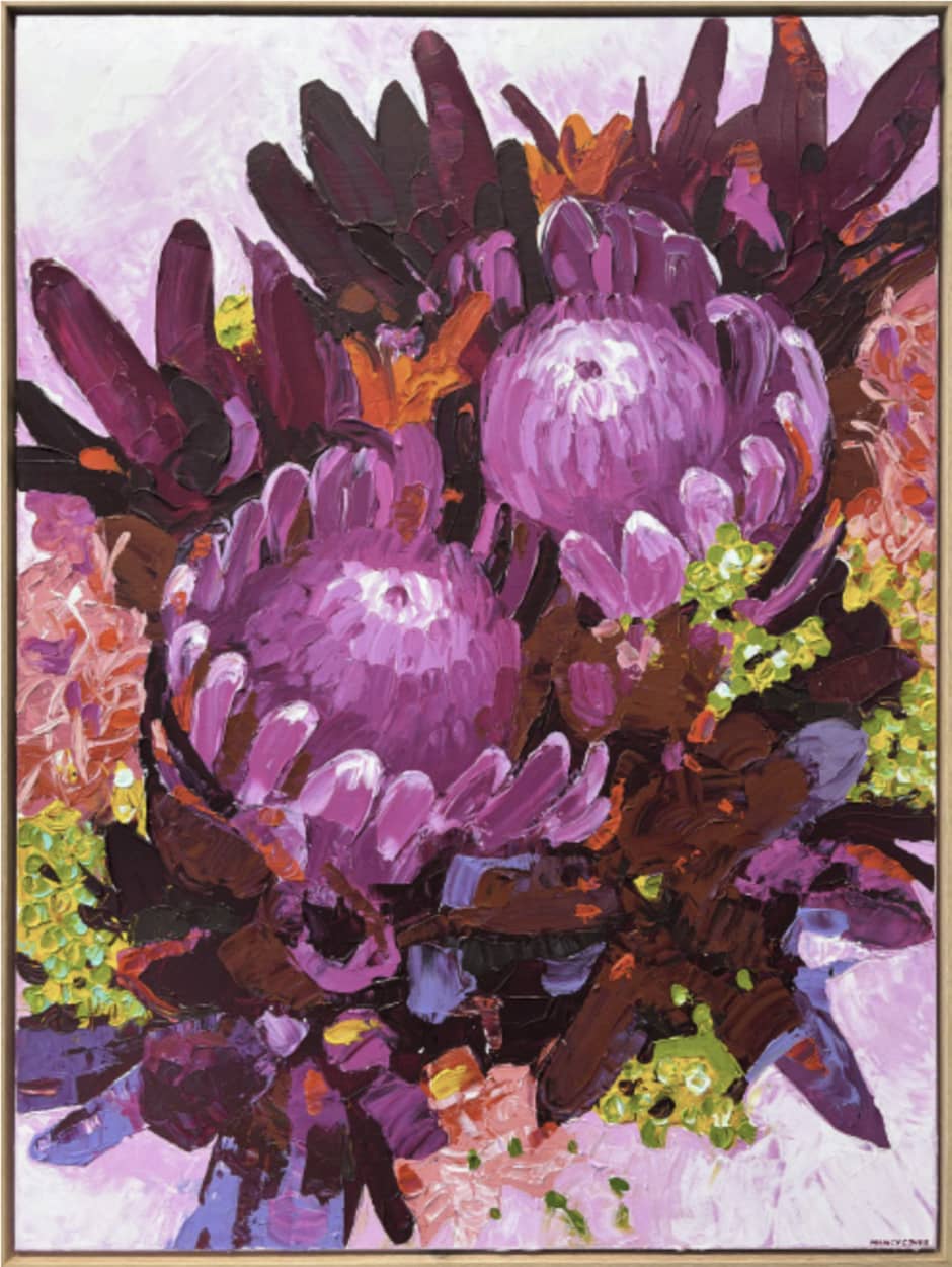 Nancy Cover original painting ~ 'Kings and Queens' @ Curate Art & Design, must-visit art gallery in Daylesford, Victoria.
Colorful floral arrangement with a focus on purple flowers against a light purple background
