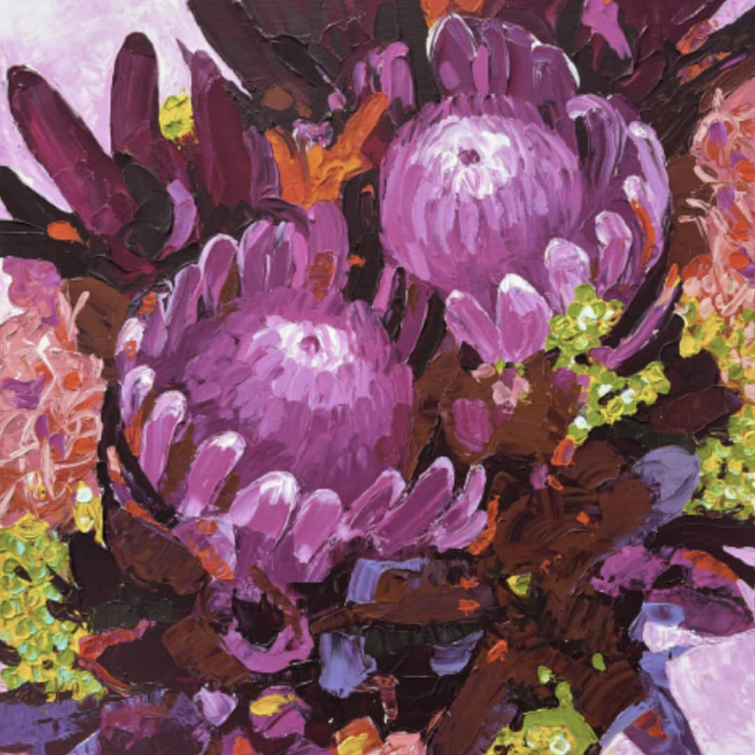 Nancy Cover original painting ~ 'Kings and Queens' @ Curate Art & Design, must-visit art gallery in Daylesford, Victoria.
Colorful floral arrangement with a focus on purple flowers against a light purple background