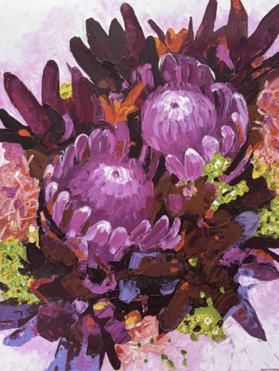 Nancy Cover original painting ~ 'Kings and Queens' @ Curate Art & Design, must-visit art gallery in Daylesford, Victoria.
Colorful floral arrangement with a focus on purple flowers against a light purple background