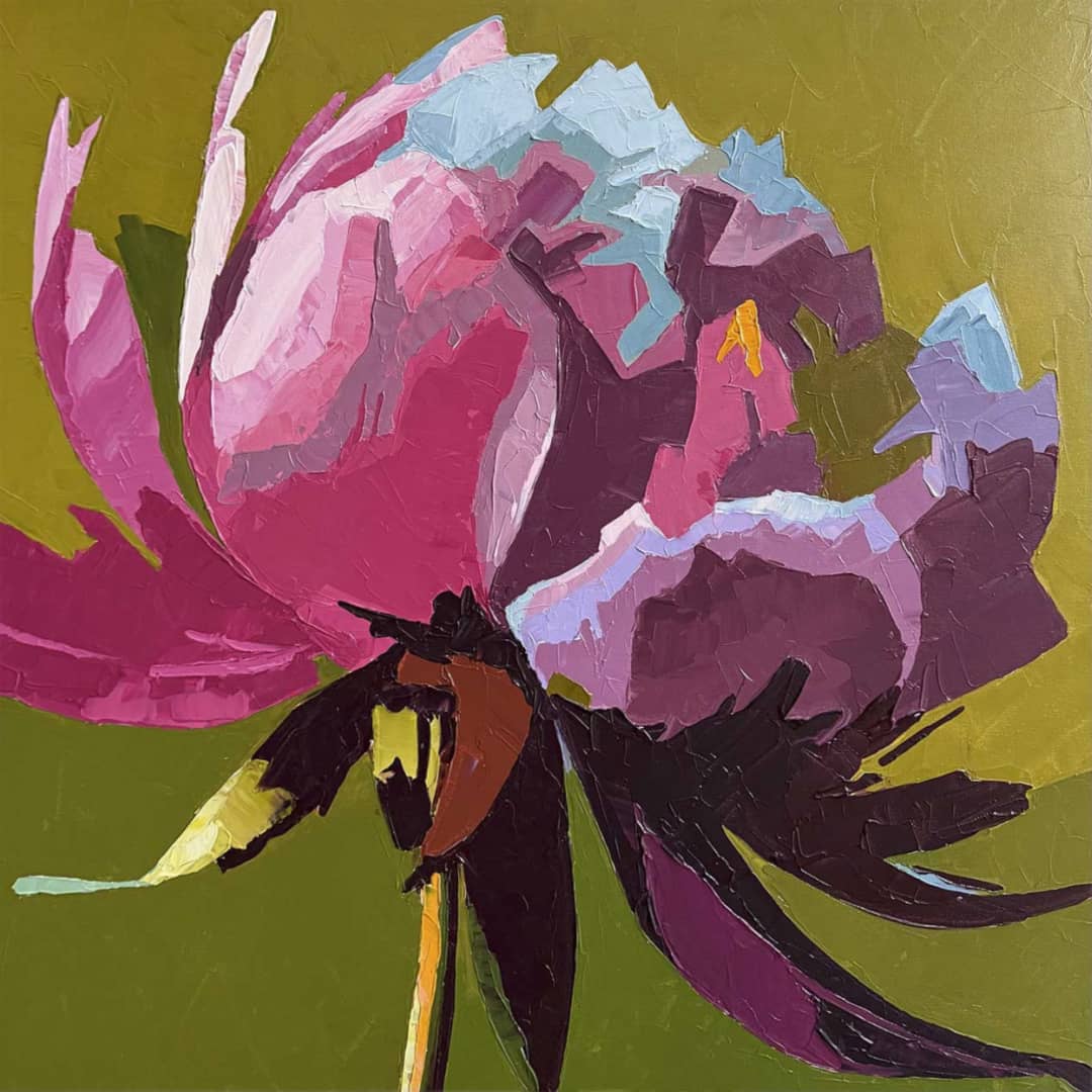 Nancy Cover original painting ~ 'Luminary' @ Curate Art & Design, a must-visit art gallery in Daylesford, Victoria. Free delivery Melbourne metro.

An expressive oil painting of a pink peony flower with thick brushstrokes, set against a textured olive green background.