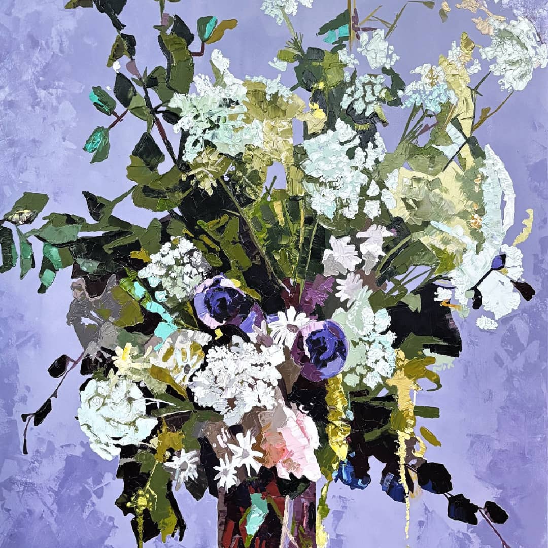 Nancy Cover original painting ~ 'Softly Spoken in Violet' @ Curate Art & Design, must-visit art gallery in Daylesford, Victoria.
Bouquet of flowers with green leaves on a textured purple background