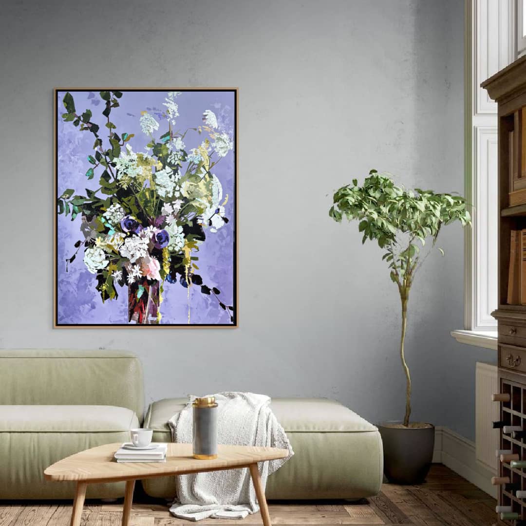Nancy Cover original painting ~ 'Softly Spoken in Violet' @ Curate Art & Design, must-visit art gallery in Daylesford, Victoria.
Bouquet of flowers with green leaves on a textured purple background