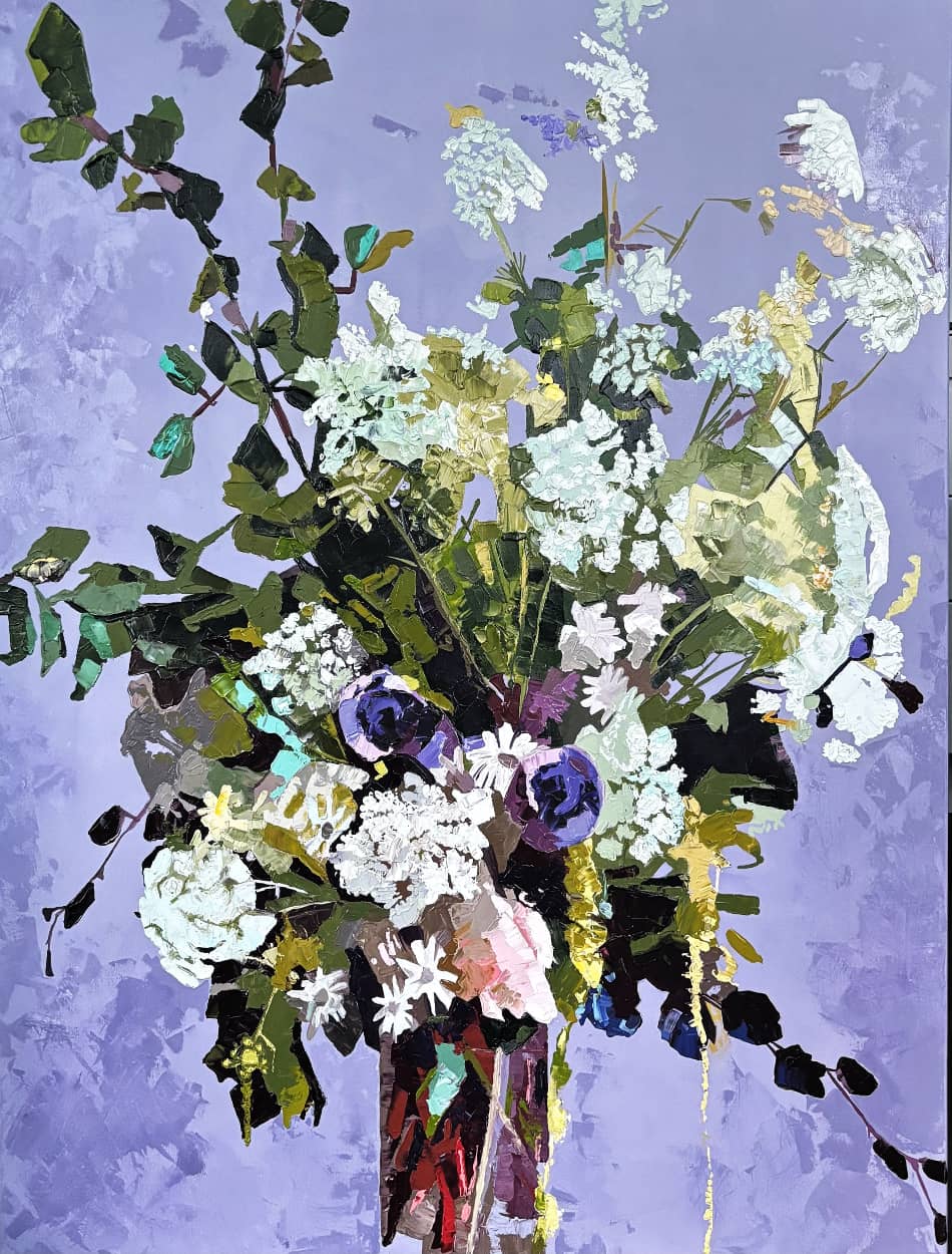 Nancy Cover original painting ~ 'Softly Spoken in Violet' @ Curate Art & Design, must-visit art gallery in Daylesford, Victoria.
Bouquet of flowers with green leaves on a textured purple background