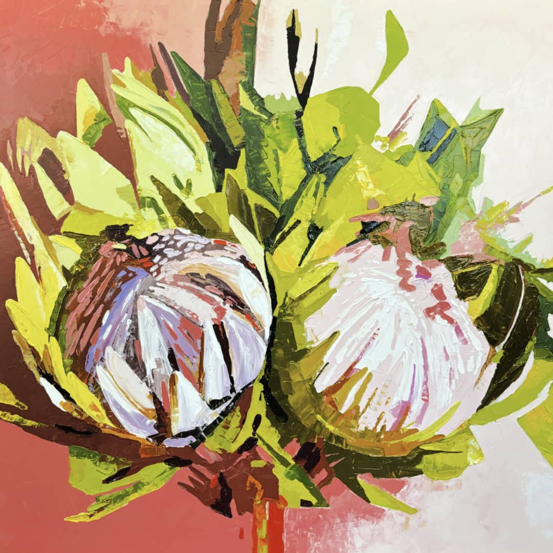 Nancy Cover original painting ~ 'Sunset Crowns' @ Curate Art & Design, must-visit art gallery in Daylesford, Victoria.
Abstract painting of flowers with a focus on green and white colors.